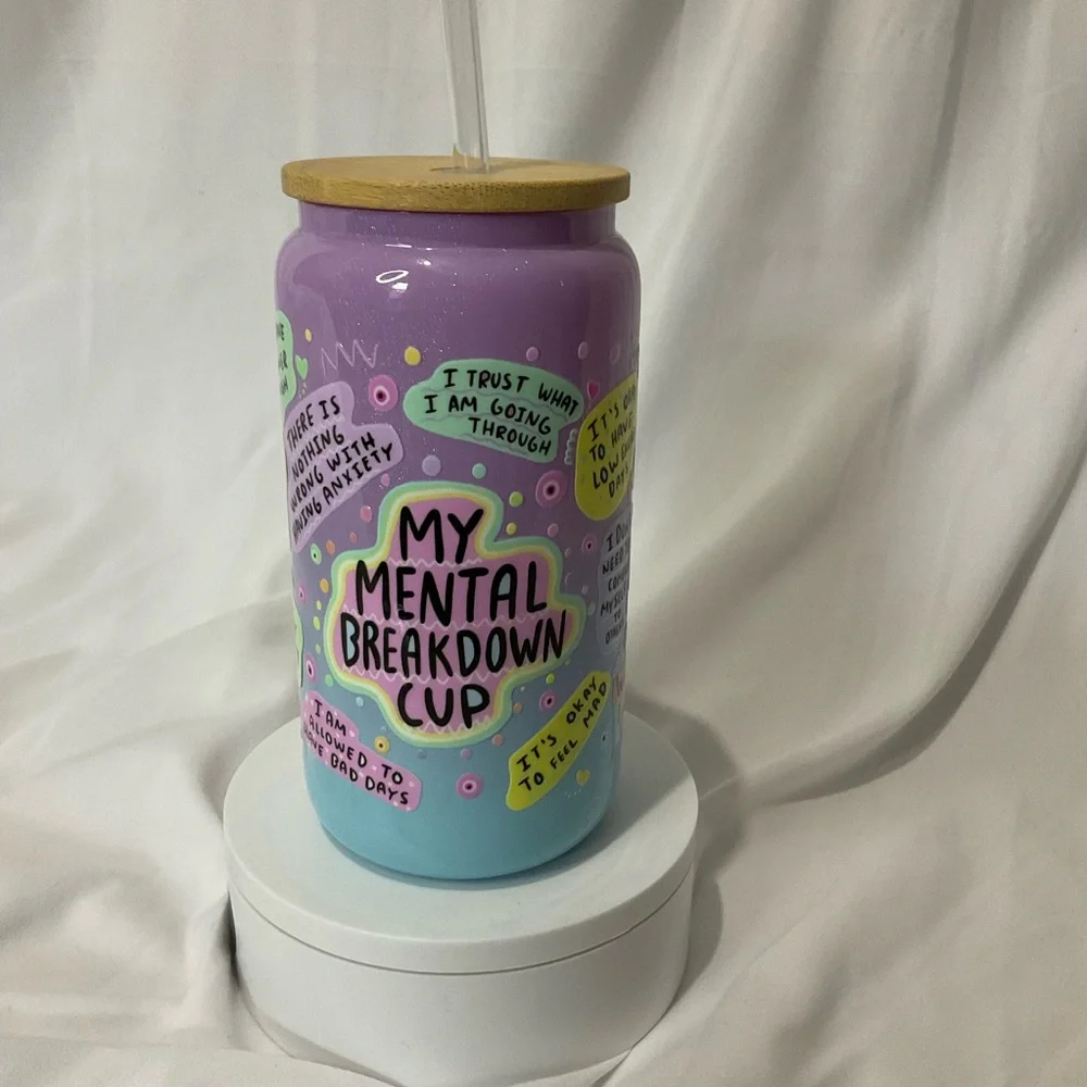 16 Ounce Handmade Shimmer Purple/Blue Glass Can Cup My Mental Breakdown Cup - Picture 1 of 6